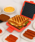 Three In One Microwave Toastie Sandwich Maker With Panini Press, Dishwasher Safe, No Electricity Needed, Fast Grilling In Minutes For Travel, Office Or Home, Red with sandwich inside