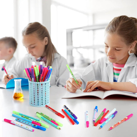 Students using 48 Pieces Science Pens Bulk Set with 12 designs 0.5mm ballpoint pens for classroom rewards and back-to-school gift.