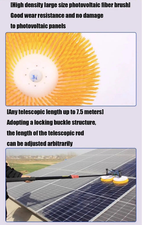 Get Your Solar Panels Sparkling Clean With This Long Reach Telescopic Brush Featuring Soft Bristles That Safely Shine Up To 7.5 Meters And Perfectly Handle Roofs Or Windows Without Scraping The Glass. telescopic solar panel brush with soft yellow bristles and adjustable pole cleaning rooftop PV panels