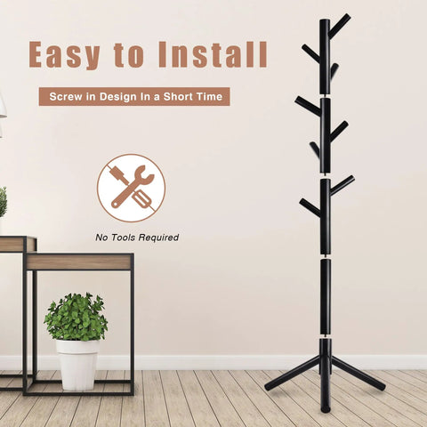 Freestanding Coat Rack With 8 Hooks And 3 Adjustable Heights, Space Saving Coat Tree for entryway with easy assembly shown