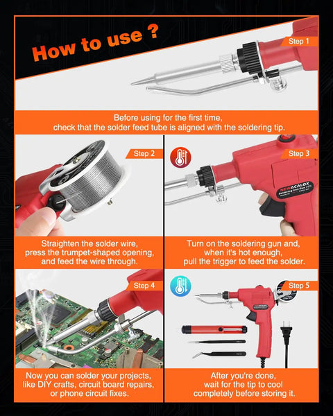 Instructional guide for One Hand Soldering Iron Kit With Automatic 60W Solder Gun Desoldering Pump Tweezers And Wires For DIY Projects