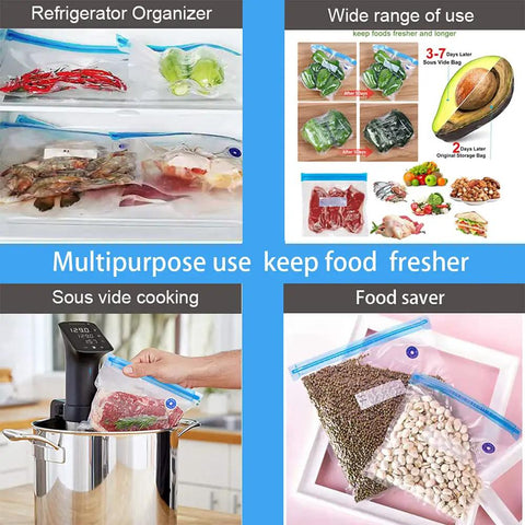 Reusable Sous Vide Vacuum Bag Kit For Meal Prep, 27 Pcs BPA Free Food Grade Bags in use for refrigeration and sous vide cooking.