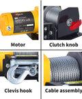 Beefy 2500lb Electric Winch for ATVs UTVs and Trailers 12V With 50ft Steel Cable Roller Fairlead Mounting Plate Heavy Duty Tow Winch Off Road Recovery, close-up of motor, hook, and cable