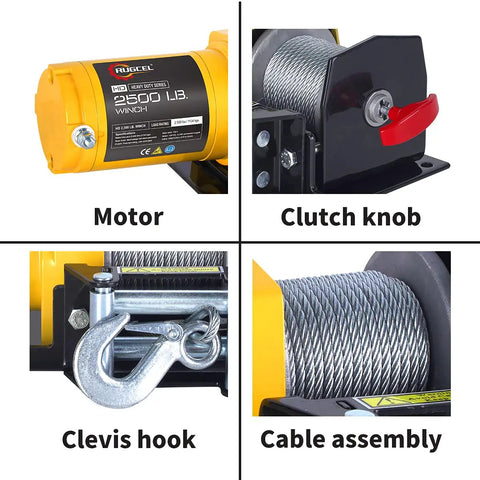 Beefy 2500lb Electric Winch for ATVs UTVs and Trailers 12V With 50ft Steel Cable Roller Fairlead Mounting Plate Heavy Duty Tow Winch Off Road Recovery, close-up of motor, hook, and cable