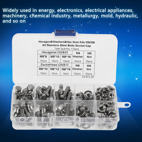 170 Pcs Stainless Steel M5 And M6 Hex Socket Head Cap Screws Kit With Washers And Nuts for Industrial Electrical and Construction Projects