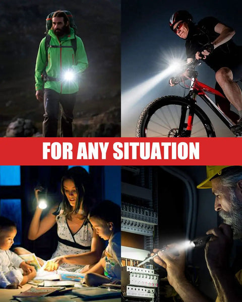 Two Pack LED Flashlight Set With Zoomable Beam Five Modes Waterproof Tactical Torch for outdoor and indoor use, shown in action.