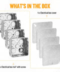 Four Inch Square Electrical Box With Cover, One And A Half Inch Deep Metal Junction Box, 21 Cu In Capacity, Galvanized Steel, 16 Knockouts
