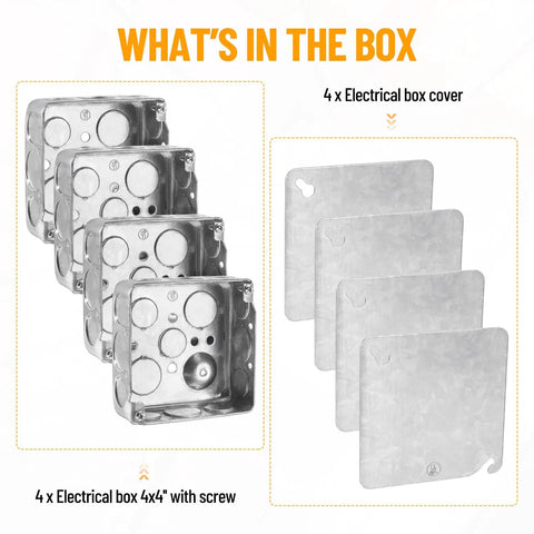 Four Inch Square Electrical Box With Cover, One And A Half Inch Deep Metal Junction Box, 21 Cu In Capacity, Galvanized Steel, 16 Knockouts