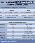 4K 60Hz HDMI Video Capture Card USB 3.0 2.0 PC Laptop Specs