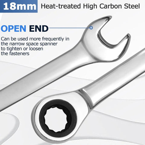 18mm Metric Ratchet Wrench End Head 72 Tooth Ratcheting Gear Spanner Built From High Carbon Steel With Chrome Finish shown