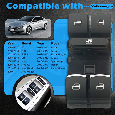 Driver Front Left Power Window Switch Replacement For Volkswagen Vehicles Fits 2010 To 2018 GTI Jetta Passat CC SportWagen
