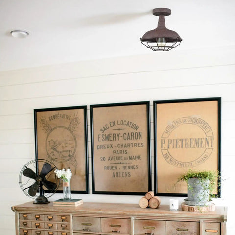 Straight Up Rustic Charm All Metal Barn Style Semi Flush Mount Ceiling Light Featuring Vintage Wire Cage Rust Finish ETL Certified in cozy space