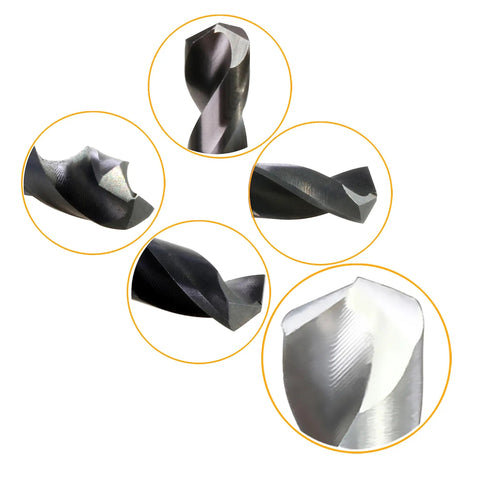 Set of unique drill bit heads showcasing angles and shapes from the 10 Piece Quarter Inch Pilot Drill Bit Set For Hole Saw Arbor High Speed Steel And Carbide Tipped Heavy Duty Multi Material Bits Crushes Hard Tasks Like A Champ.