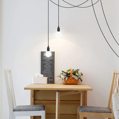 Dining area with Two Pack Fifteen Foot Hanging Light Cord Kit With Inline On Off Switch For Pendant Lamps E26 E27 Socket Black No Bulb Included Great For Ceiling Lanterns Plug In Convenience above table with basket.