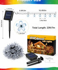 Product diagram showing Solar Flower String Lights Outdoor Waterproof 50 LED Fairy Lights Sun Powered with packaging and solar panel.