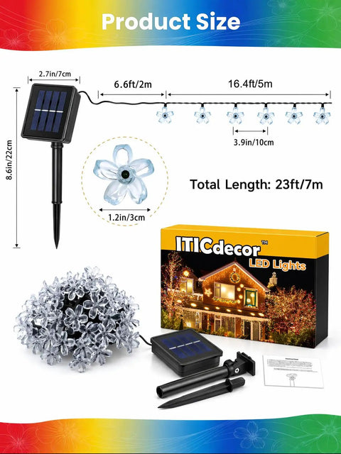 Product diagram showing Solar Flower String Lights Outdoor Waterproof 50 LED Fairy Lights Sun Powered with packaging and solar panel.