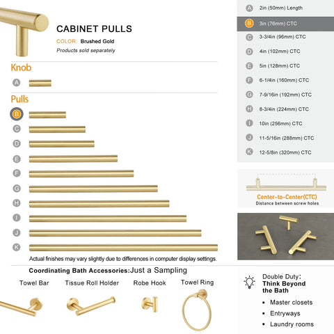 Solid Brass Cabinet Pulls 5 Pack in Brushed Gold Finish Euro Style T Bar Handles with 3 Inch Hole Center For Kitchen Cabinets Drawers Cupboards Dresser And Bathroom Vanity Fingerprint Resistant Heavy Duty Hardware size chart, showing dimensions and center-to-center distance options for brushed gold cabinet hardware.