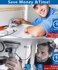 Top image of a man fixing a sink with a Durable Nylon Drain Snake 30 Inch Hair Clog Remover, below a plumber working under the sink.