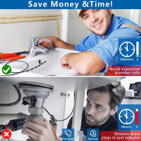 Top image of a man fixing a sink with a Durable Nylon Drain Snake 30 Inch Hair Clog Remover, below a plumber working under the sink.