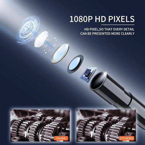 Exploded view of 1080P HD Endoscope Camera With Light 4.3 Inch LCD Display IP67 Waterproof Snake Borescope lens components and gear comparison.