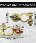 Two Pack Solid Brass Battery Terminal Connectors Top Post End Clamps For Cars And Marine Color Coded Wing Nuts displayed with sizes