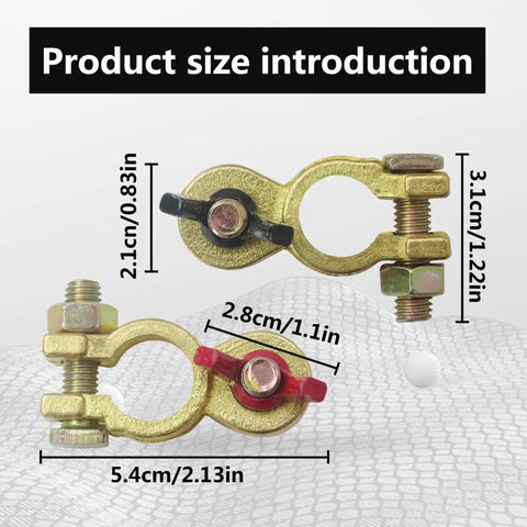 Two Pack Solid Brass Battery Terminal Connectors Top Post End Clamps For Cars And Marine Color Coded Wing Nuts displayed with sizes