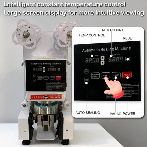 Hella Efficient Full Auto Cup Sealer Machine With Smooth Operator Boba And Coffee Sealing Tech Featuring Top Shelf Digital Screen Control and no sweat leak proof heat lock in classic white finish, displaying large intuitive touchscreen.