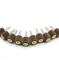 Killer 10 Pack 1 Inch Diameter Aluminum Oxide Flap Wheels Hella Durable 60 Grit Coarse Sanders lined up on white background.
