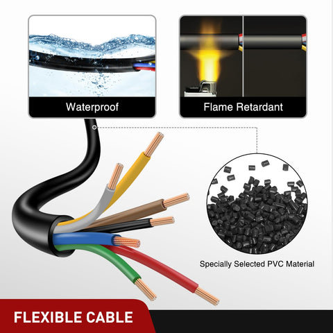 Heavy Duty 7 Way Trailer Extension Cable, 10 Feet, 14 Gauge 7 Conductor RV Standard Wire, waterproof and flame retardant design.
