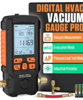 Digital Vacuum Gauge Pro handheld HVAC vacuum meter with orange grip; includes hoses and 4 AA batteries