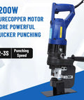 Heavy Duty 1200W Electric Hydraulic Hole Punch Tool 110V 10 Ton Output shown with pure copper motor and quick punching speed