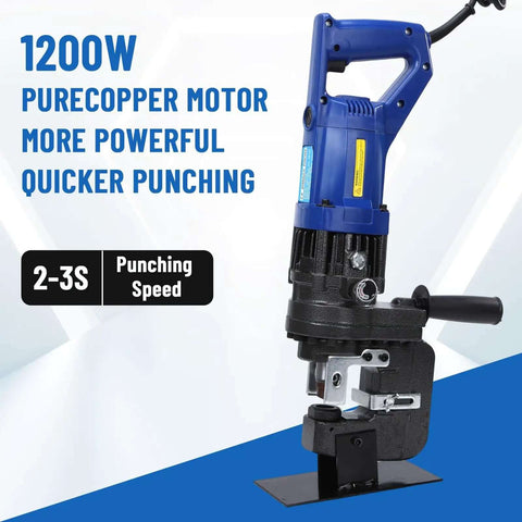 Heavy Duty 1200W Electric Hydraulic Hole Punch Tool 110V 10 Ton Output shown with pure copper motor and quick punching speed