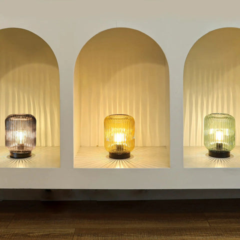Cordless glass table lamp for home decor dope look, three modern gray glass night lamps lit, displaying cozy and stylish accents.