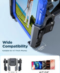 Double Fold Golf Cart Phone Holder Mount with 1 Second Lock Release Magnetic Caddy, for 4.7 to 7 inch phones, showing wide compatibility.