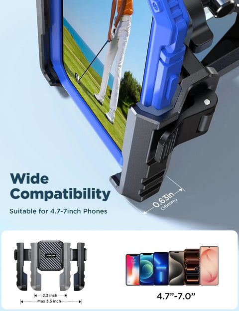 Double Fold Golf Cart Phone Holder Mount with 1 Second Lock Release Magnetic Caddy, for 4.7 to 7 inch phones, showing wide compatibility.