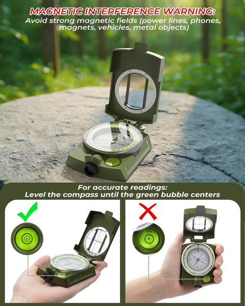 Rugged Lensatic Sighting Compass With Carrying Bag Waterproof And Shakeproof Army Green High Precision Readings For Navigation