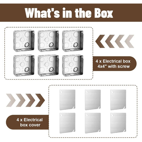 Top Shelf 6 Pack 4 Inch Square Electrical Junction Boxes With Covers Galvanized Steel Outlet Cans 1 2 Inch Deep 21 Cubic Capacity includes 6 metal boxes and 4 covers.