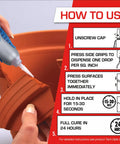 Instructions panel showing Gel Control Super Glue For Quick Fixes Clear Instant Adhesive For Plastic Wood Metal Crafts And Repairs No Drip Formula 0.14 Fl Oz Bottle 6 Pack Fast Drying For Quick Strong Bonds On Plastic Wood Metal And More