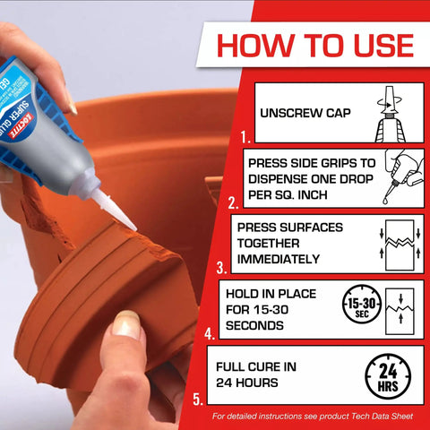 Instructions panel showing Gel Control Super Glue For Quick Fixes Clear Instant Adhesive For Plastic Wood Metal Crafts And Repairs No Drip Formula 0.14 Fl Oz Bottle 6 Pack Fast Drying For Quick Strong Bonds On Plastic Wood Metal And More
