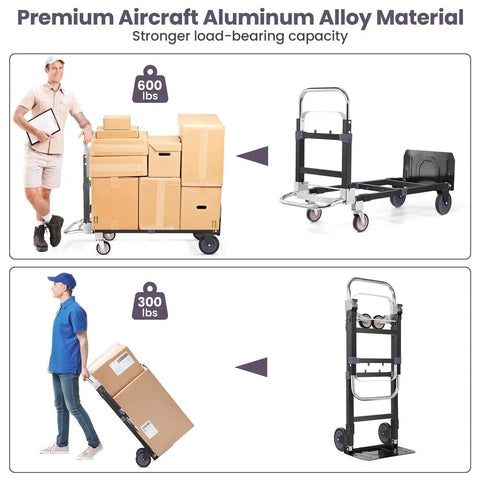 Straight Up Heavy Duty 3 In 1 Convertible Hand Truck Dolly Cart Tough 600 Lb Folding Utility Mover, shown with boxes and weight capacities.