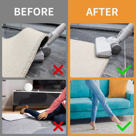 Comparison of rug with and without Double Sided Rug Grippers Tape For Hardwood Floors, Reusable Non Slip Carpet Tape