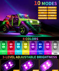 Colorful display of Upgraded 4 Pack Wireless LED Strobe Lights For Car Interior With 8 Color RGB Lit Mood Lighting Remote Control
