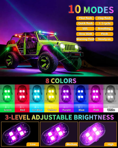 Colorful display of Upgraded 4 Pack Wireless LED Strobe Lights For Car Interior With 8 Color RGB Lit Mood Lighting Remote Control