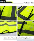 Close-up view of Road Warrior Reflective Safety Vest With Five Big Cargo Pockets And Secure Full Zipper Front Ansi Approved Super Bright Neon Yellow High Viz Workwear.