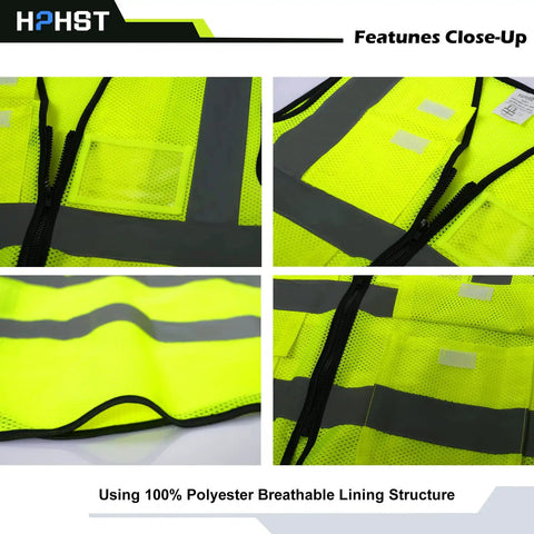 Close-up view of Road Warrior Reflective Safety Vest With Five Big Cargo Pockets And Secure Full Zipper Front Ansi Approved Super Bright Neon Yellow High Viz Workwear.