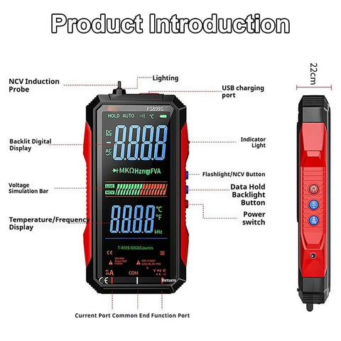 Upgraded 2026 Digital Multimeter Tester With 6000 Counts True RMS AC DC Voltage NCV USB C Rechargeable Auto Color Display