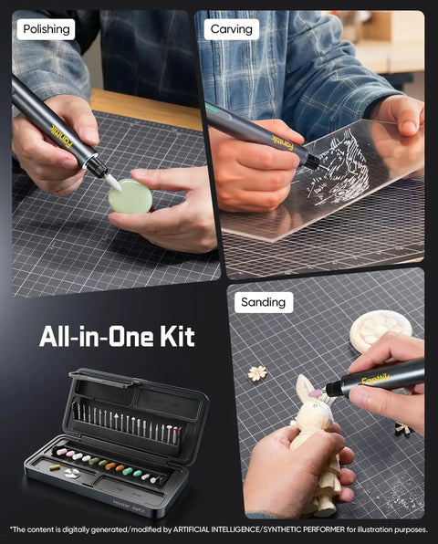 42 Piece Rotary Tool Accessories Kit Compatible With F2 Master Featuring 3/32 Collet Burs Grinding Wheels And Polishing Tips Hella Versatile For Jewelry Making And 3D Model Finishing With Solid Quality That Goes Hard On Every Detail, showing polishing, carving, sanding tools in use.