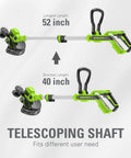 No Fuss Outdoor Cleaning Cordless String Trimmer Paired With Killer Leaf Blower Combo Kit showing adjustable lengths of 40 and 52 inches.
