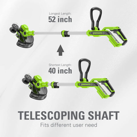 No Fuss Outdoor Cleaning Cordless String Trimmer Paired With Killer Leaf Blower Combo Kit showing adjustable lengths of 40 and 52 inches.