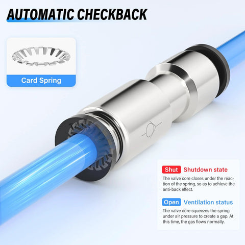Side view of pneumatic check valve, nickel-plated copper quick-plug type with blue tubing